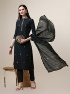 Embroidered Mandarin Collar Kurta With Pant And Dupatta Set, Multicolor - Hiral Fashion - Distacart
