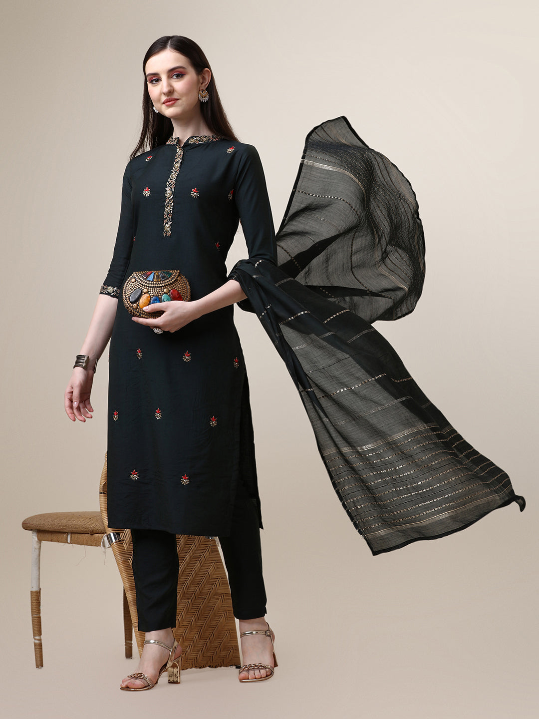 Embroidered Mandarin Collar Kurta With Pant And Dupatta Set, Multicolor - Hiral Fashion - Distacart