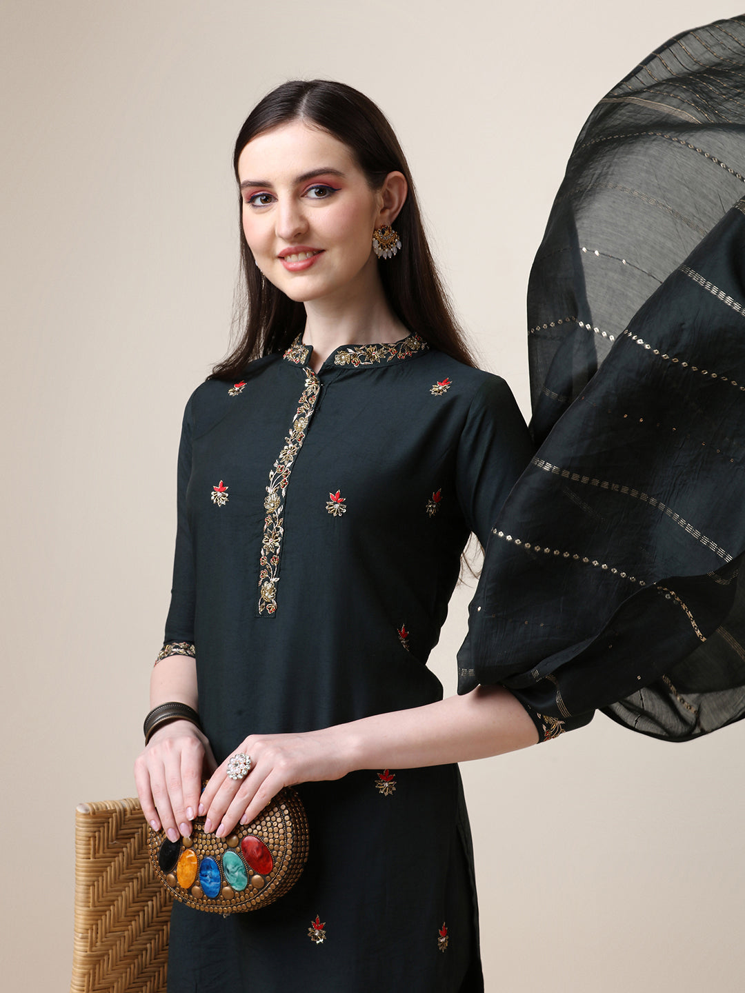 Embroidered Mandarin Collar Kurta With Pant And Dupatta Set, Multicolor - Hiral Fashion - Distacart