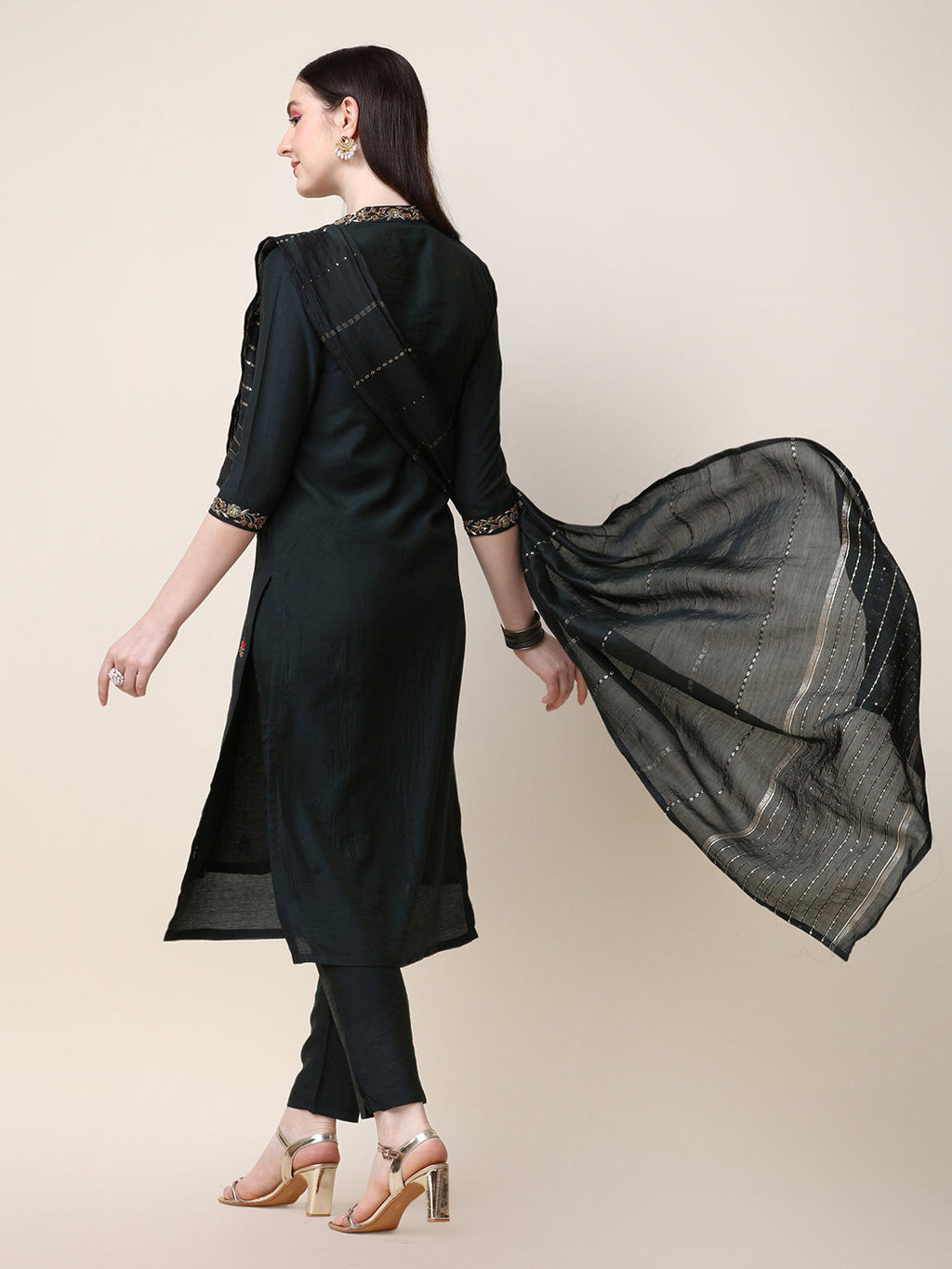 Embroidered Mandarin Collar Kurta With Pant And Dupatta Set, Multicolor - Hiral Fashion - Distacart