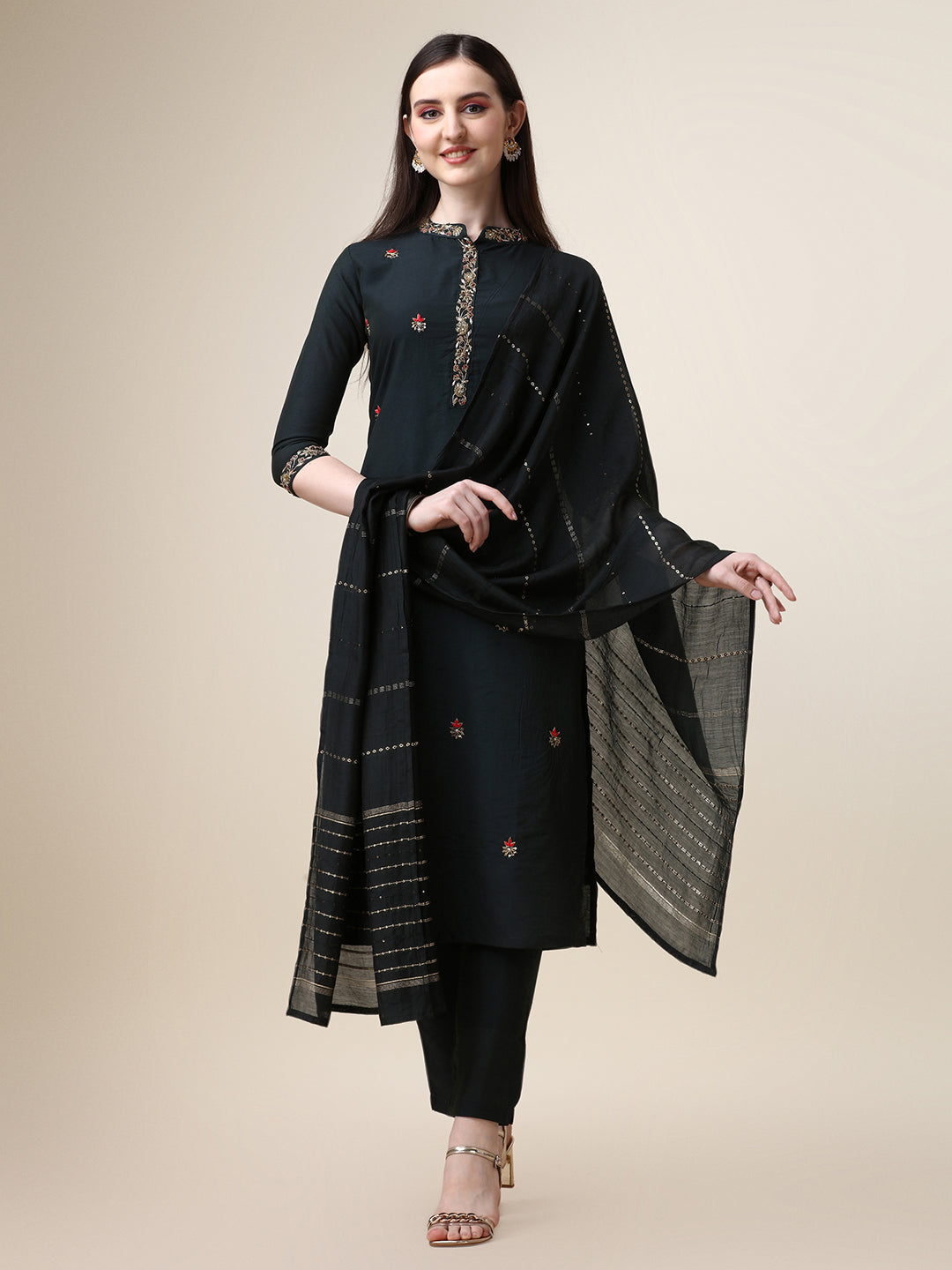 Embroidered Mandarin Collar Kurta With Pant And Dupatta Set, Multicolor - Hiral Fashion - Distacart