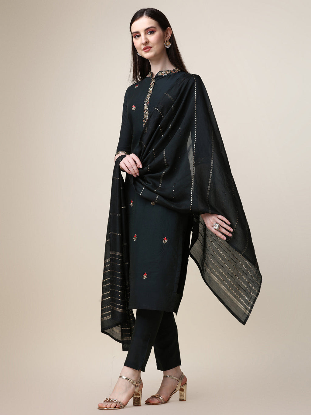 Embroidered Mandarin Collar Kurta With Pant And Dupatta Set, Multicolor - Hiral Fashion - Distacart