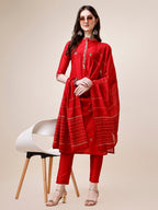 Embroidered Mandarin Collar Kurta With Pant And Dupatta Set, Multicolor - Hiral Fashion - Distacart