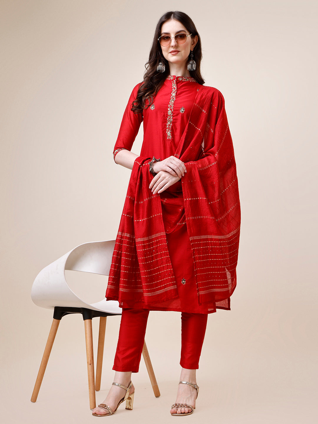 Embroidered Mandarin Collar Kurta With Pant And Dupatta Set, Multicolor - Hiral Fashion - Distacart