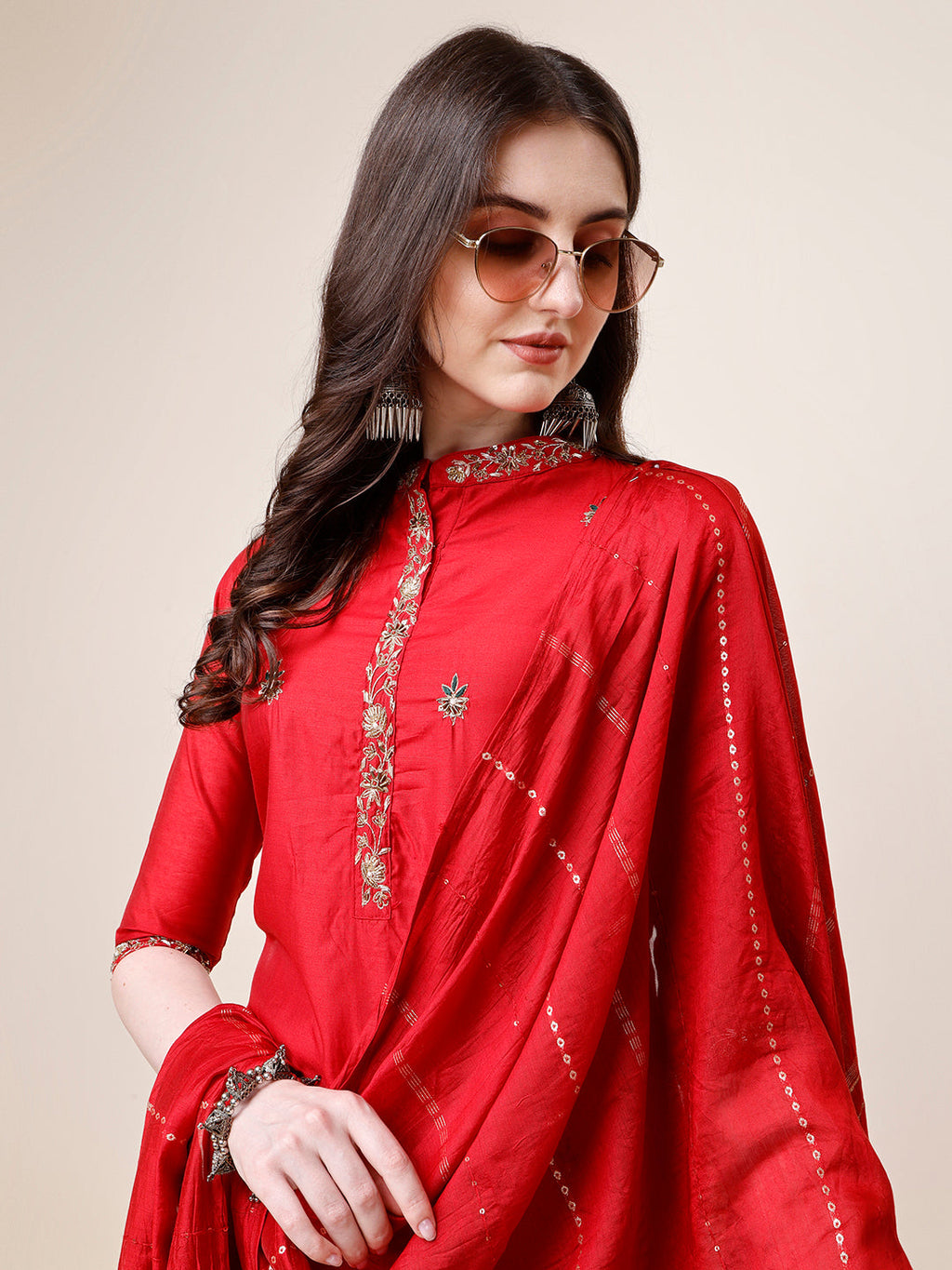 Embroidered Mandarin Collar Kurta With Pant And Dupatta Set, Multicolor - Hiral Fashion - Distacart
