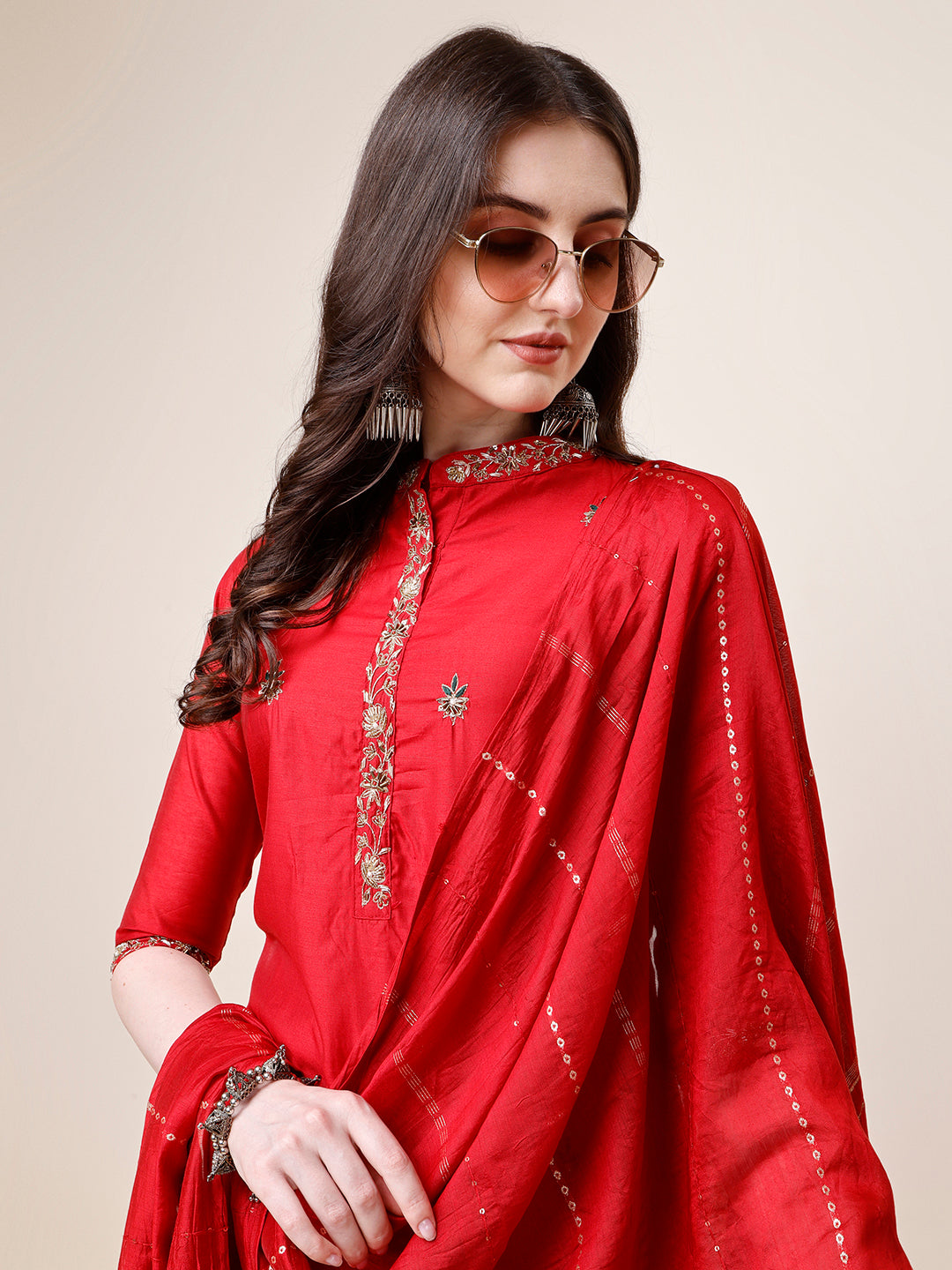 Embroidered Mandarin Collar Kurta With Pant And Dupatta Set, Multicolor - Hiral Fashion - Distacart