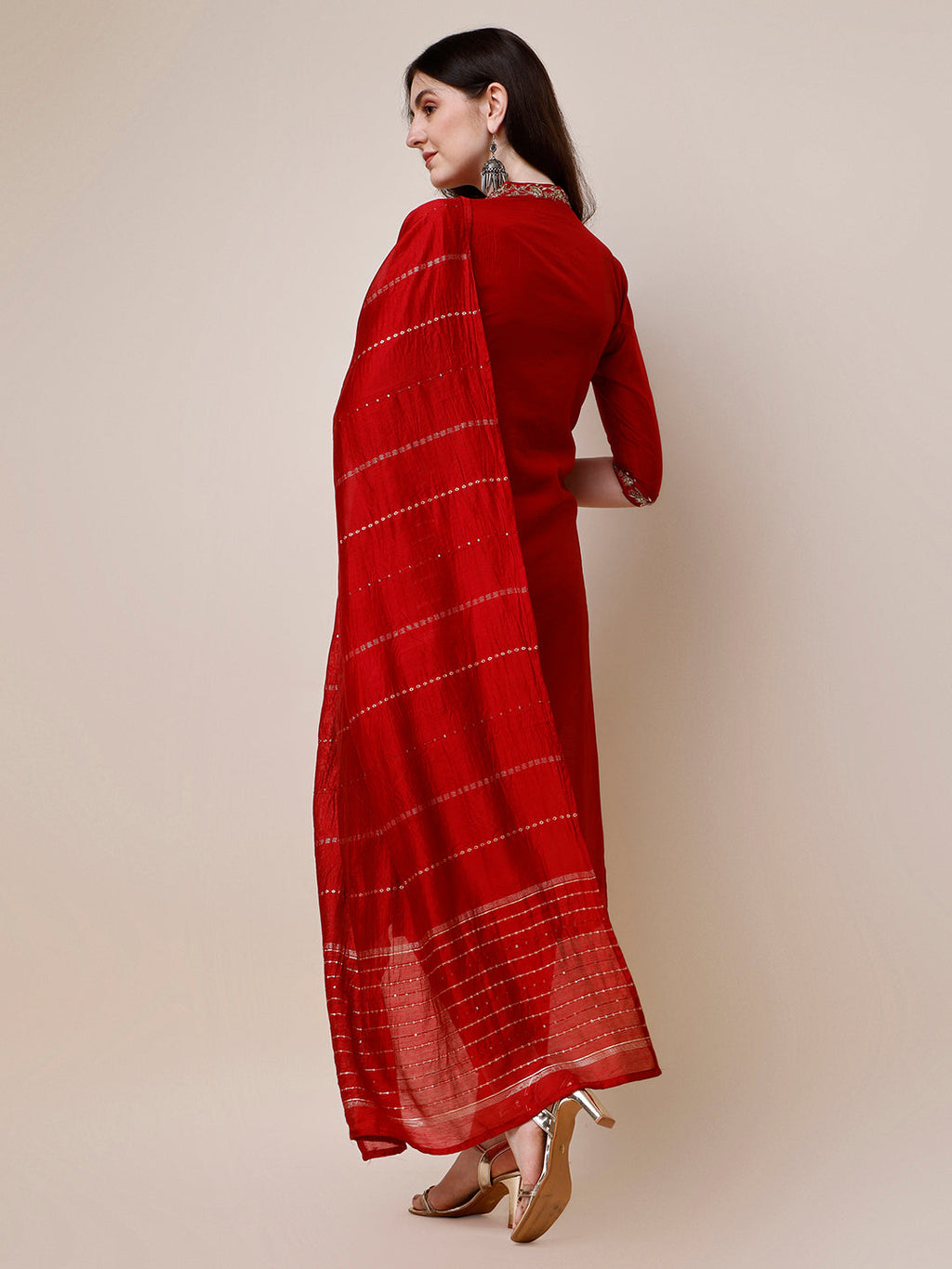 Embroidered Mandarin Collar Kurta With Pant And Dupatta Set, Multicolor - Hiral Fashion - Distacart