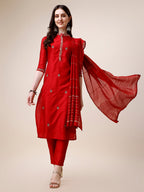 Embroidered Mandarin Collar Kurta With Pant And Dupatta Set, Multicolor - Hiral Fashion - Distacart