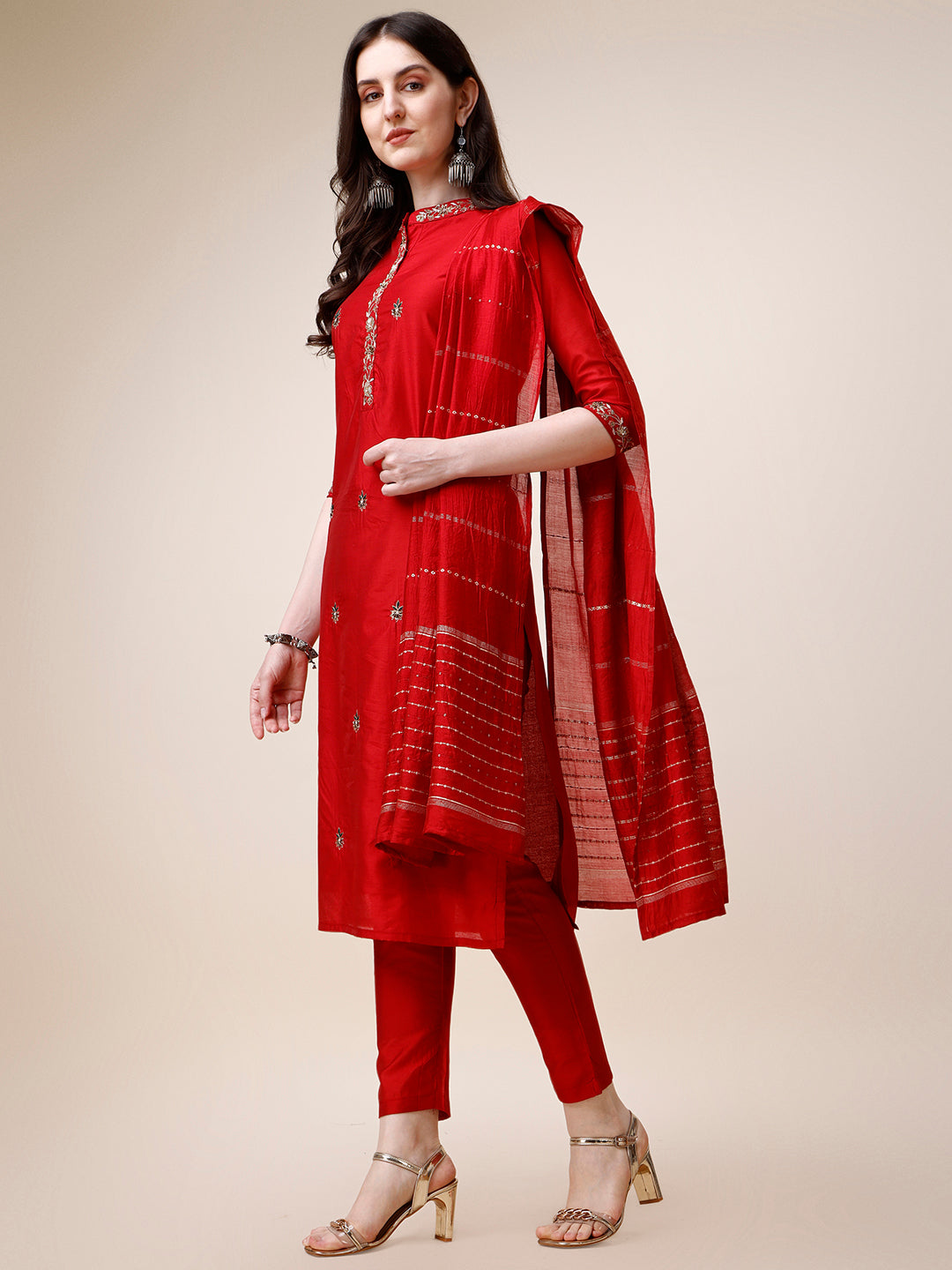 Embroidered Mandarin Collar Kurta With Pant And Dupatta Set, Multicolor - Hiral Fashion - Distacart
