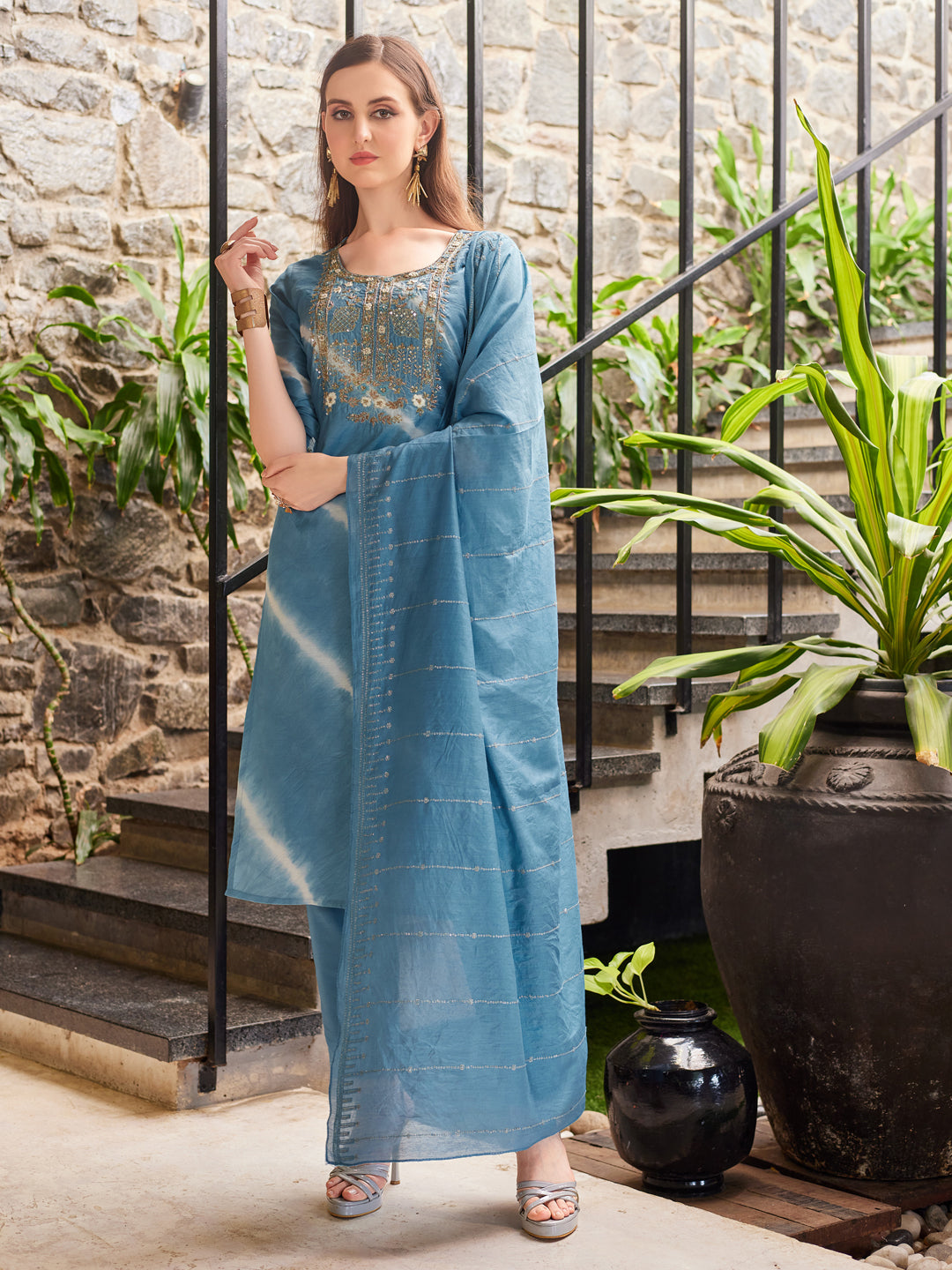 Leheriya Printed & Embroidered Kurta With Pant & Dupatta, Multicolor - Hiral Fashion - Distacart