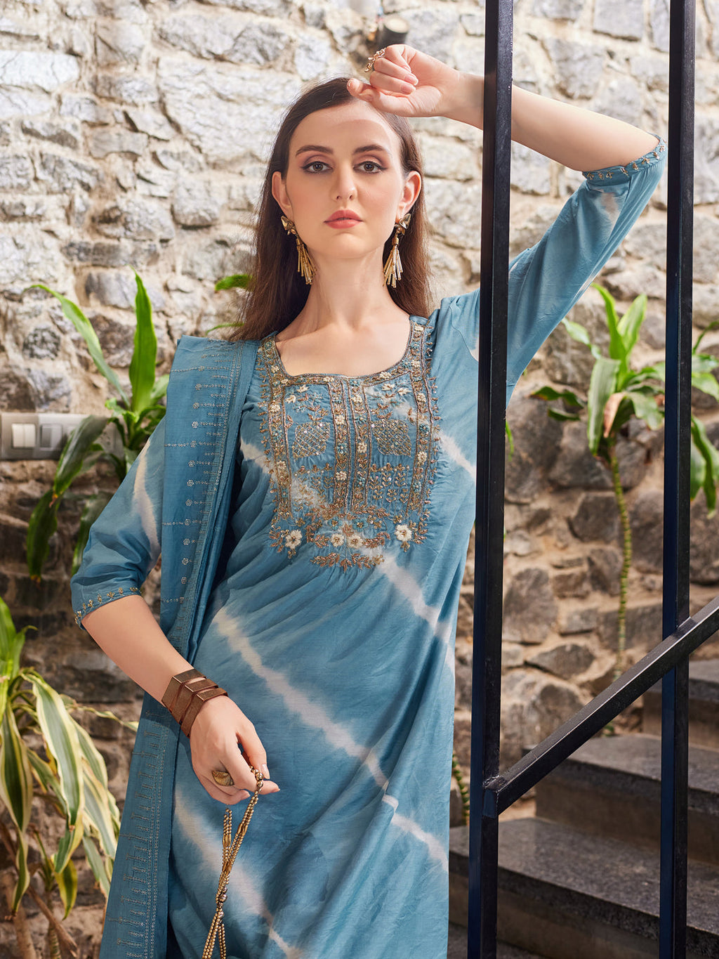 Leheriya Printed & Embroidered Kurta With Pant & Dupatta, Multicolor - Hiral Fashion - Distacart
