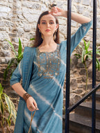 Leheriya Printed & Embroidered Kurta With Pant & Dupatta, Multicolor - Hiral Fashion - Distacart
