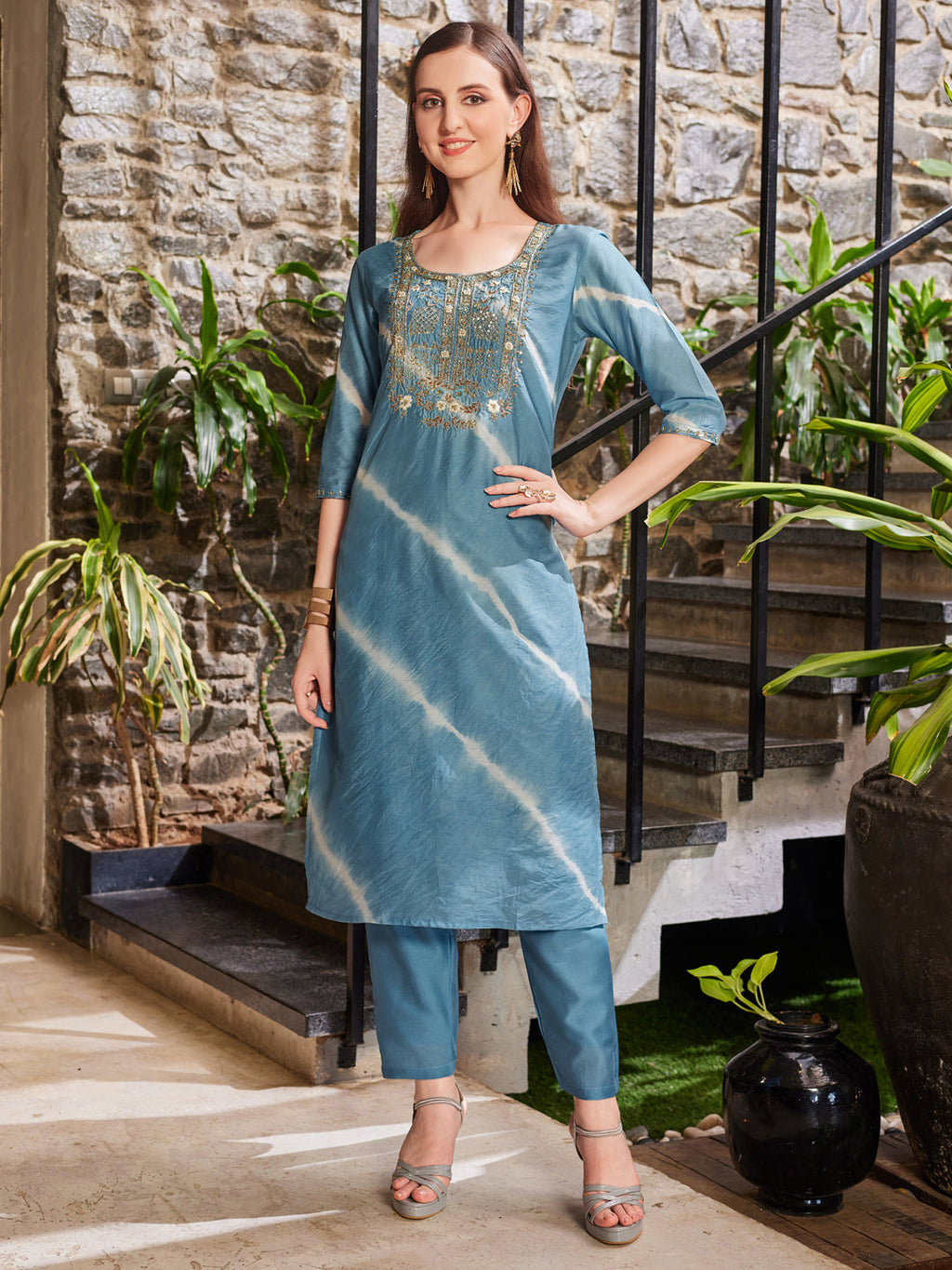Leheriya Printed & Embroidered Kurta With Pant & Dupatta, Multicolor - Hiral Fashion - Distacart