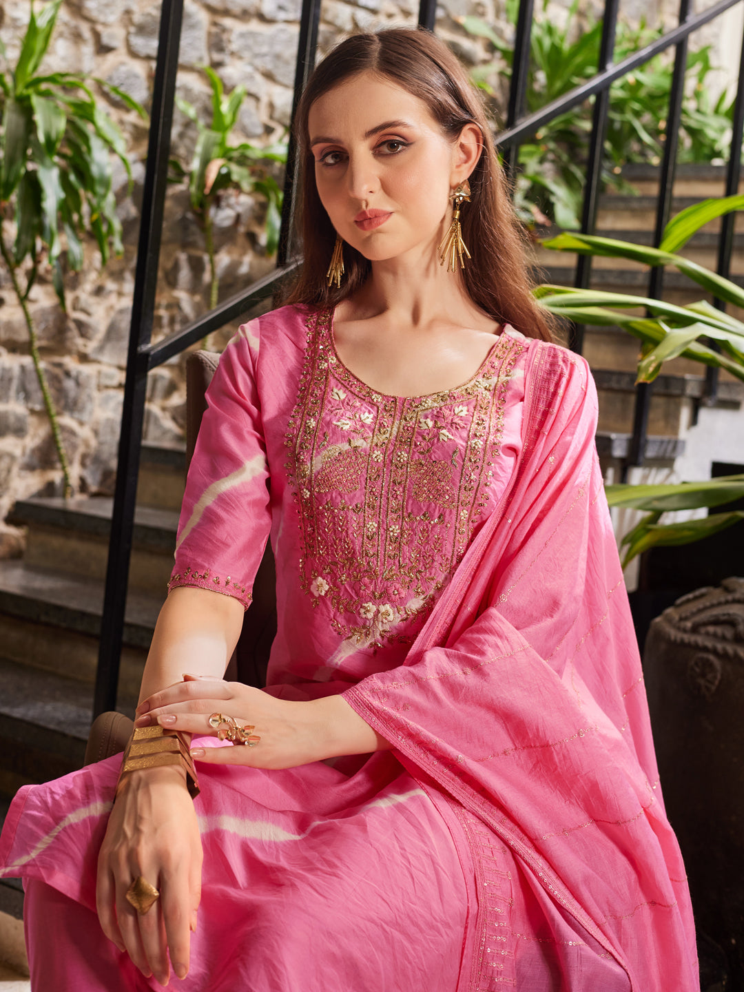 Leheriya Printed Embroidered Kurta With Pant & Dupatta, Multicolor - Hiral Fashion - Distacart