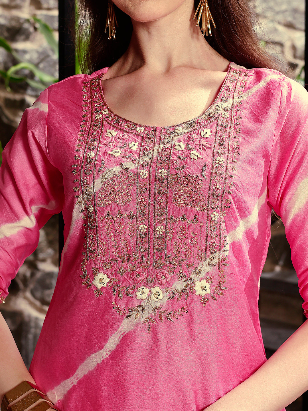 Leheriya Printed Embroidered Kurta With Pant & Dupatta, Multicolor - Hiral Fashion - Distacart