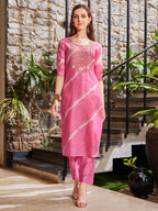 Leheriya Printed Embroidered Kurta With Pant & Dupatta, Multicolor - Hiral Fashion - Distacart