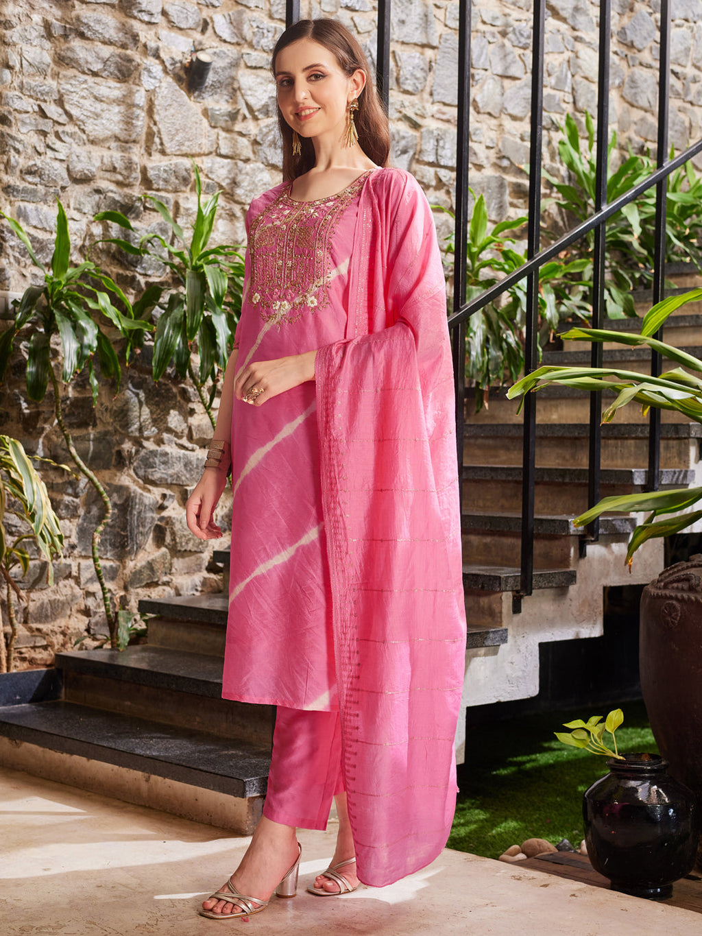Leheriya Printed Embroidered Kurta With Pant & Dupatta, Multicolor - Hiral Fashion - Distacart