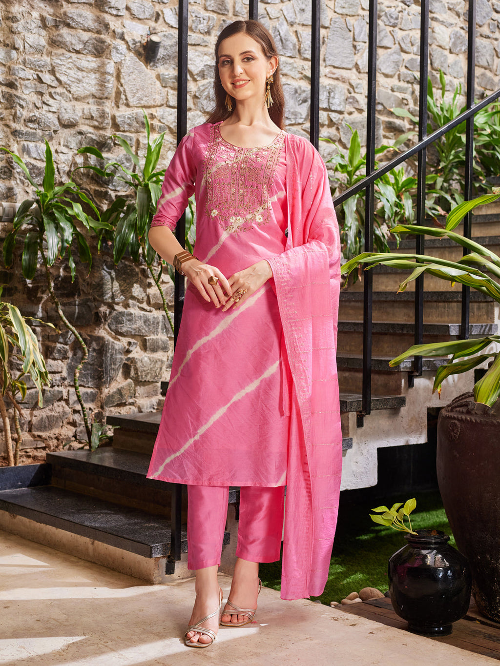 Leheriya Printed Embroidered Kurta With Pant & Dupatta, Multicolor - Hiral Fashion - Distacart