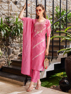 Leheriya Printed Embroidered Kurta With Pant & Dupatta, Multicolor - Hiral Fashion - Distacart