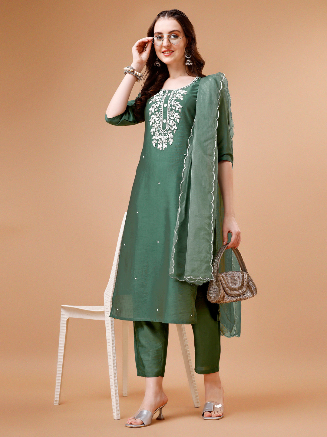 Hand Beads Embroidered Kurta With Pant & Dupatta, Multicolor - Hiral Fashion - Distacart