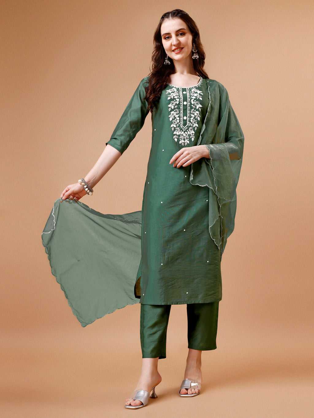 Hand Beads Embroidered Kurta With Pant & Dupatta, Multicolor - Hiral Fashion - Distacart