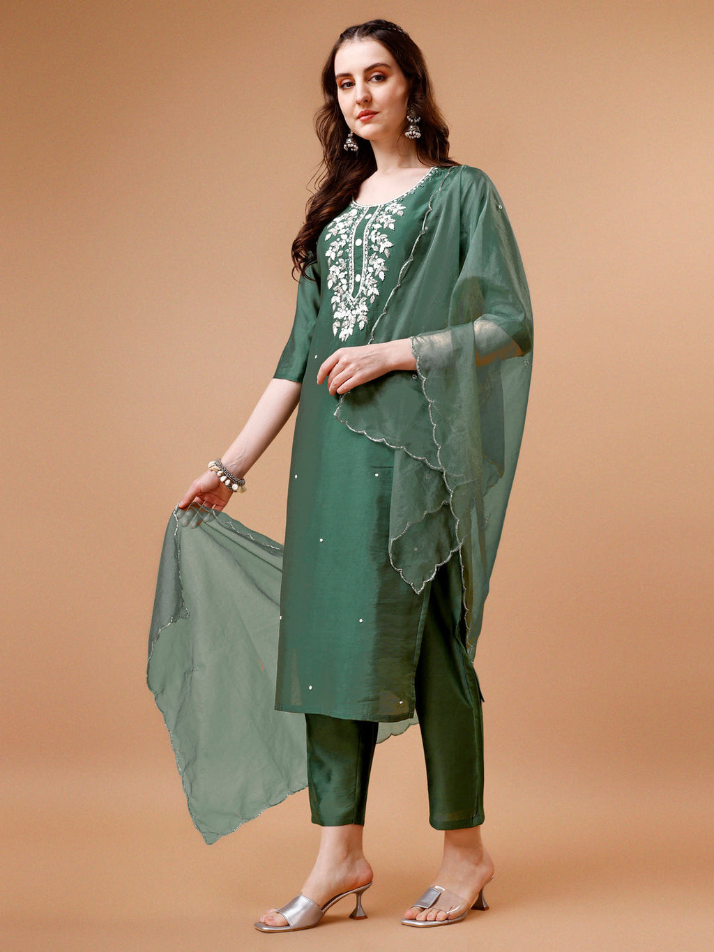 Hand Beads Embroidered Kurta With Pant & Dupatta, Multicolor - Hiral Fashion - Distacart
