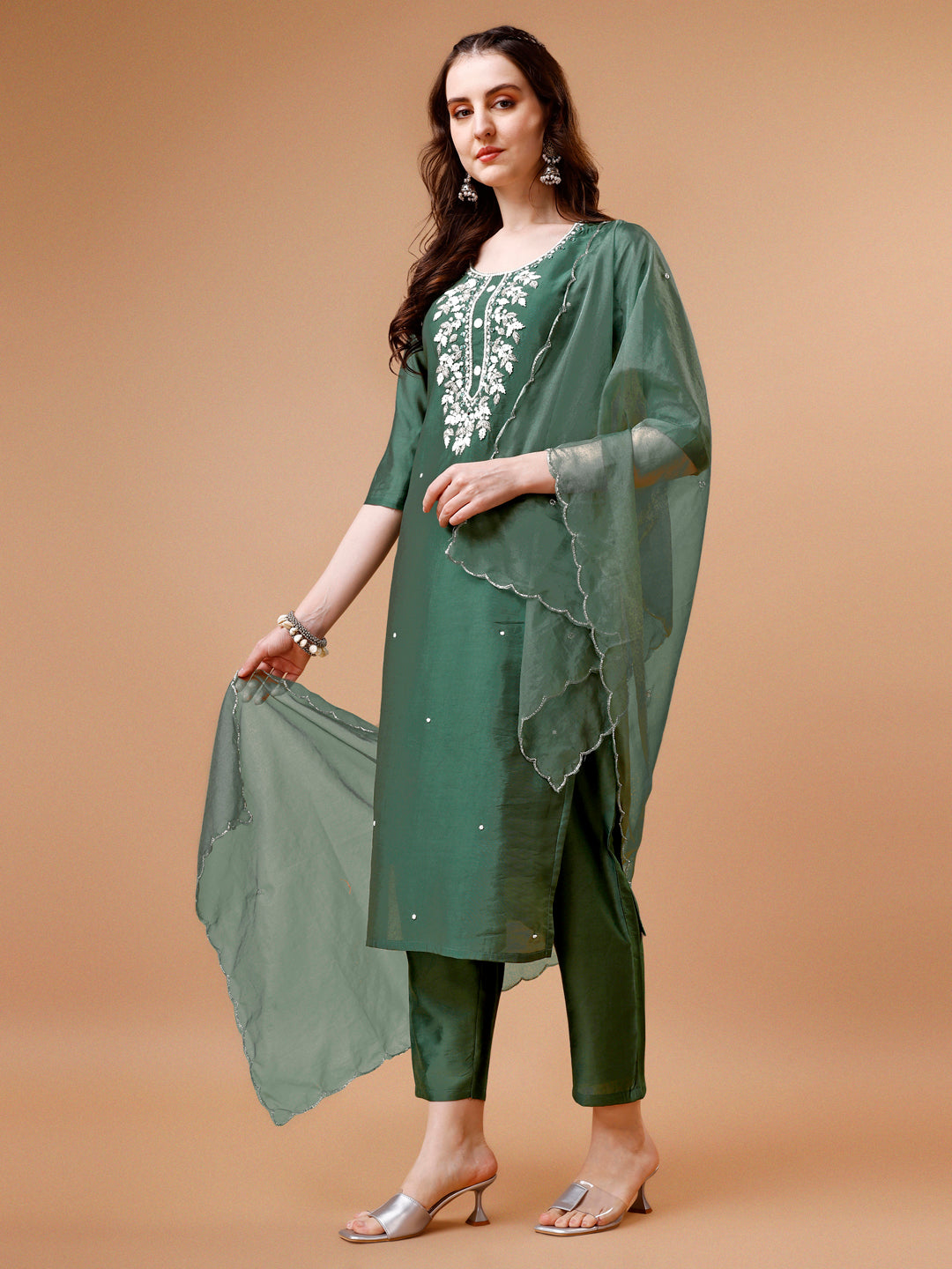Hand Beads Embroidered Kurta With Pant & Dupatta, Multicolor - Hiral Fashion - Distacart