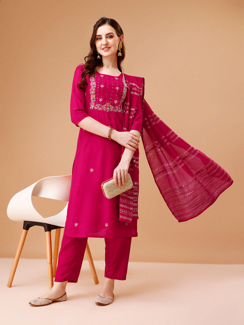 Hand Embroidered Kurta With Pant & Dupatta, Multicolor - Hiral Fashion - Distacart