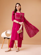 Hand Embroidered Kurta With Pant & Dupatta, Multicolor - Hiral Fashion - Distacart