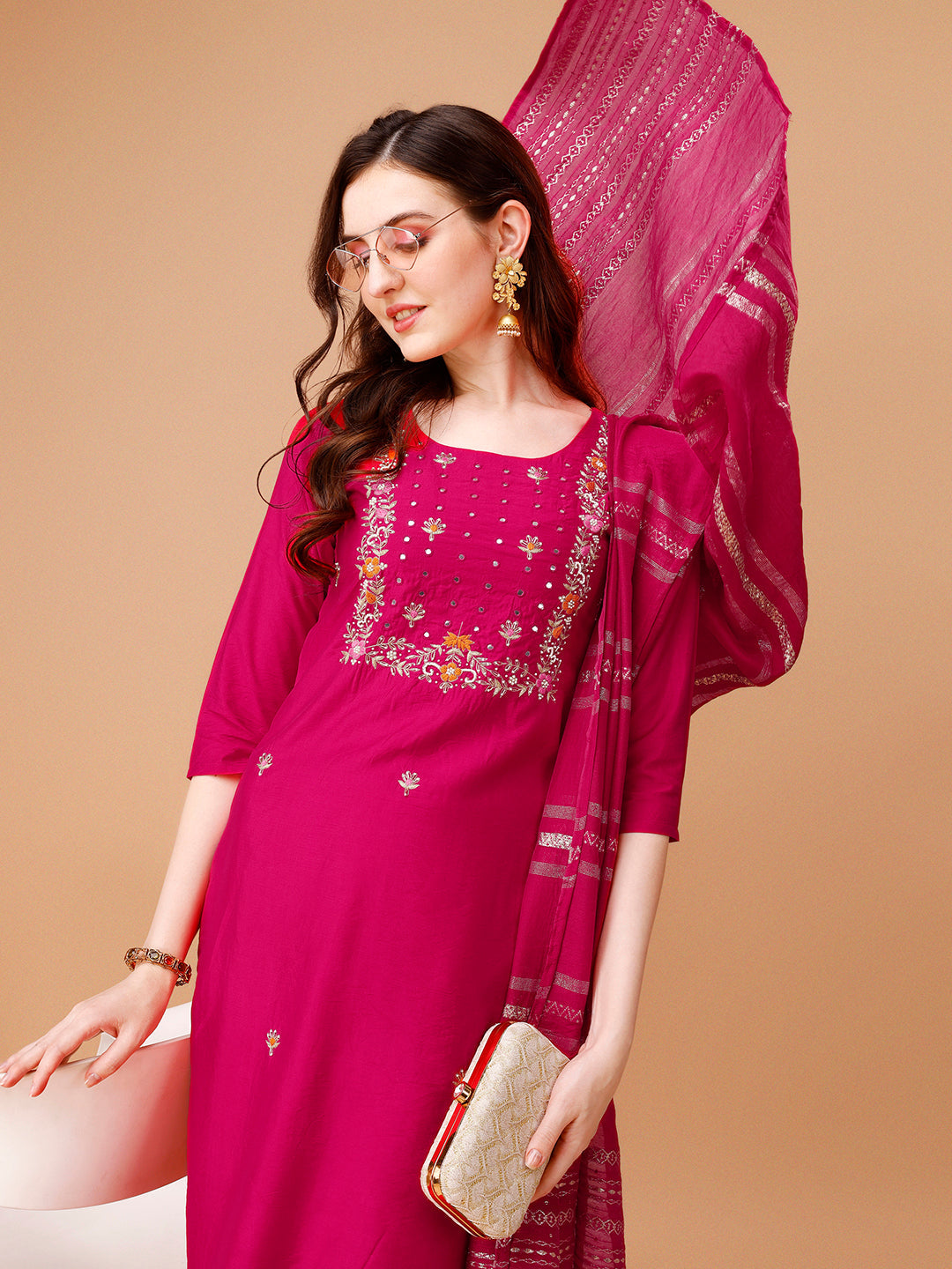 Hand Embroidered Kurta With Pant & Dupatta, Multicolor - Hiral Fashion - Distacart