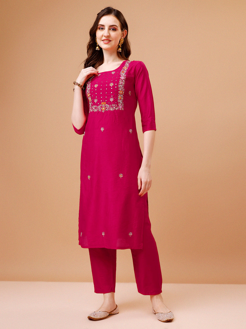 Hand Embroidered Kurta With Pant & Dupatta, Multicolor - Hiral Fashion - Distacart