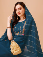 Hand Embroidered Kurta With Pant & Dupatta, Multicolor - Hiral Fashion - Distacart