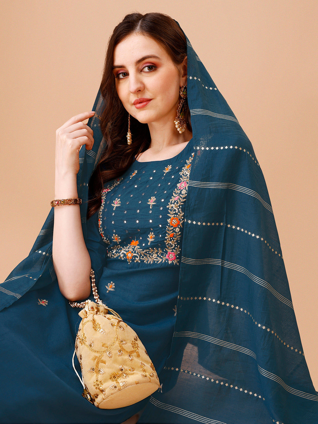 Hand Embroidered Kurta With Pant & Dupatta, Multicolor - Hiral Fashion - Distacart