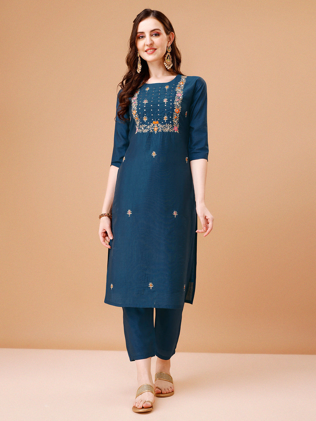 Hand Embroidered Kurta With Pant & Dupatta, Multicolor - Hiral Fashion - Distacart