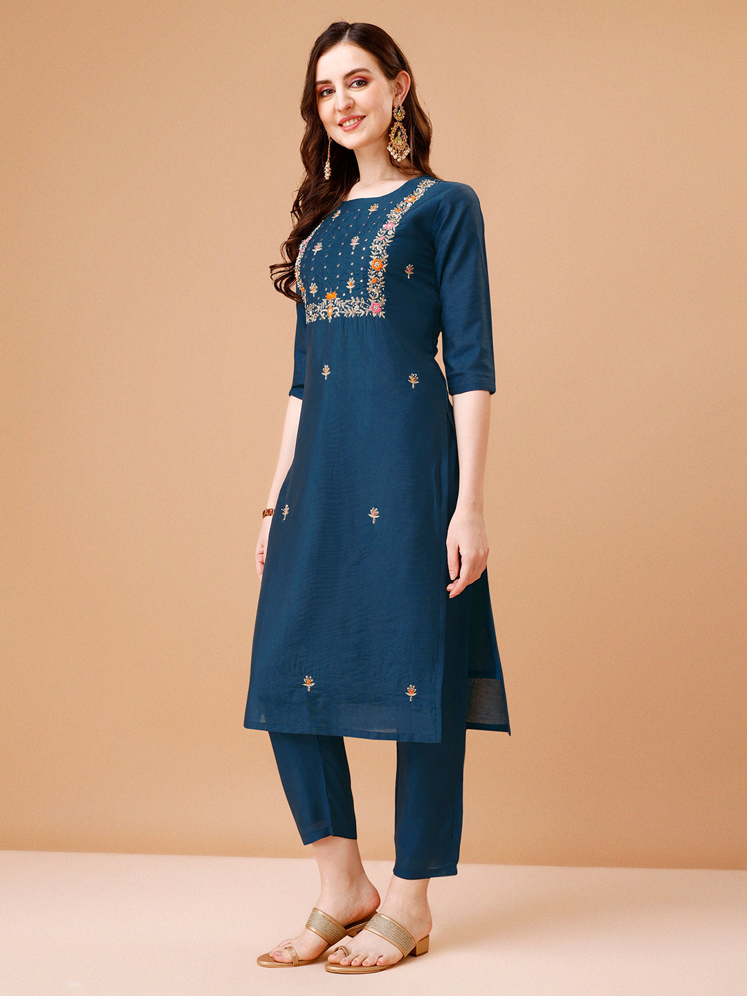 Hand Embroidered Kurta With Pant & Dupatta, Multicolor - Hiral Fashion - Distacart