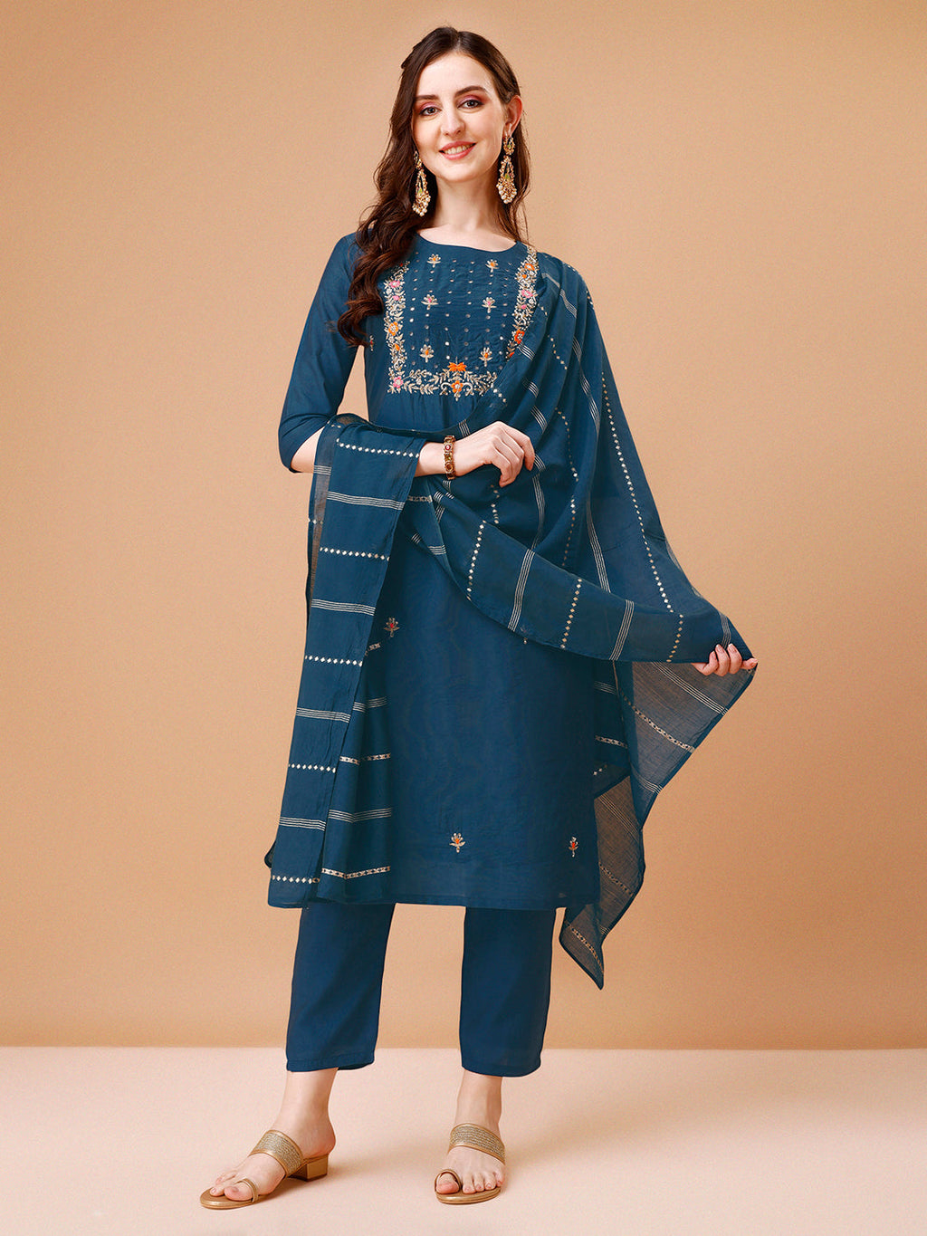Hand Embroidered Kurta With Pant & Dupatta, Multicolor - Hiral Fashion - Distacart