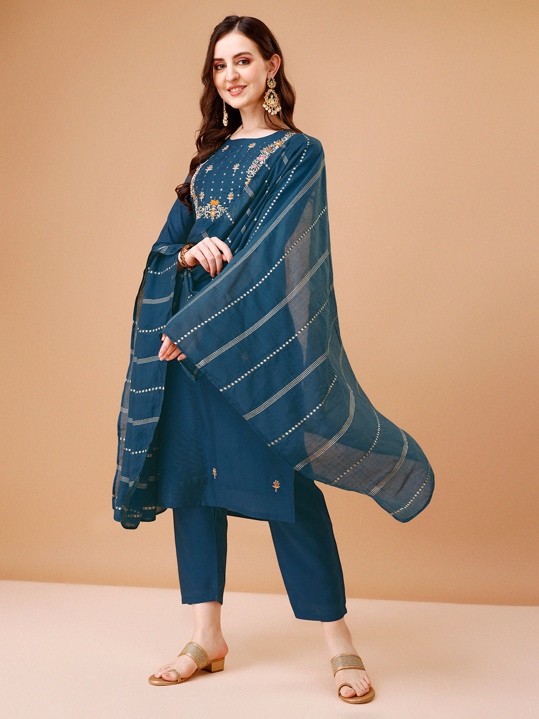 Hand Embroidered Kurta With Pant & Dupatta, Multicolor - Hiral Fashion - Distacart
