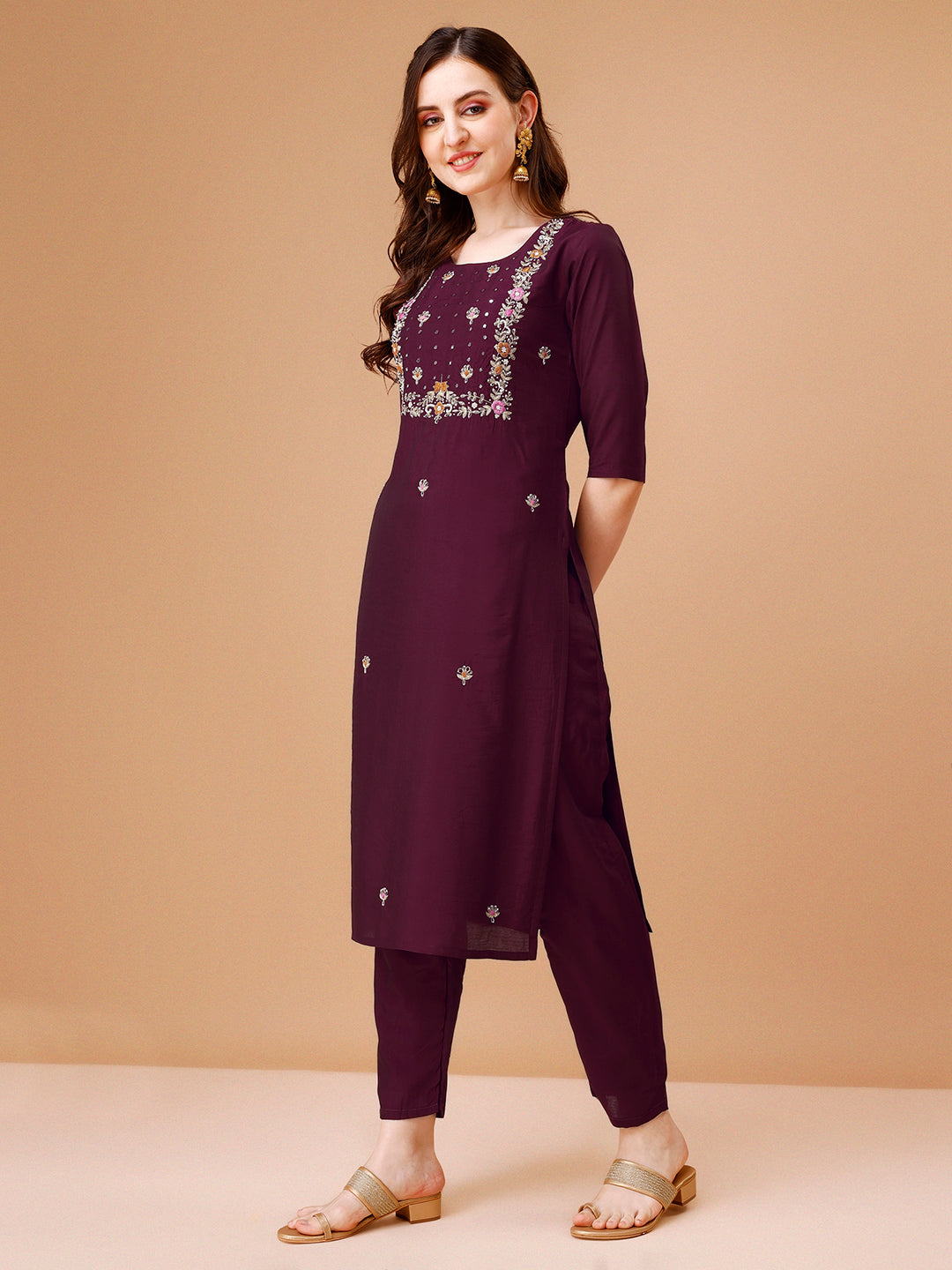 Hand Embroidered Kurta With Pant & Dupatta, Multicolor - Hiral Fashion - Distacart