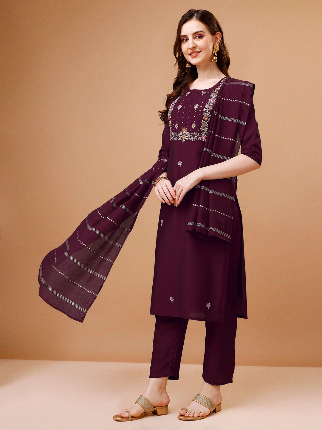 Hand Embroidered Kurta With Pant & Dupatta, Multicolor - Hiral Fashion - Distacart