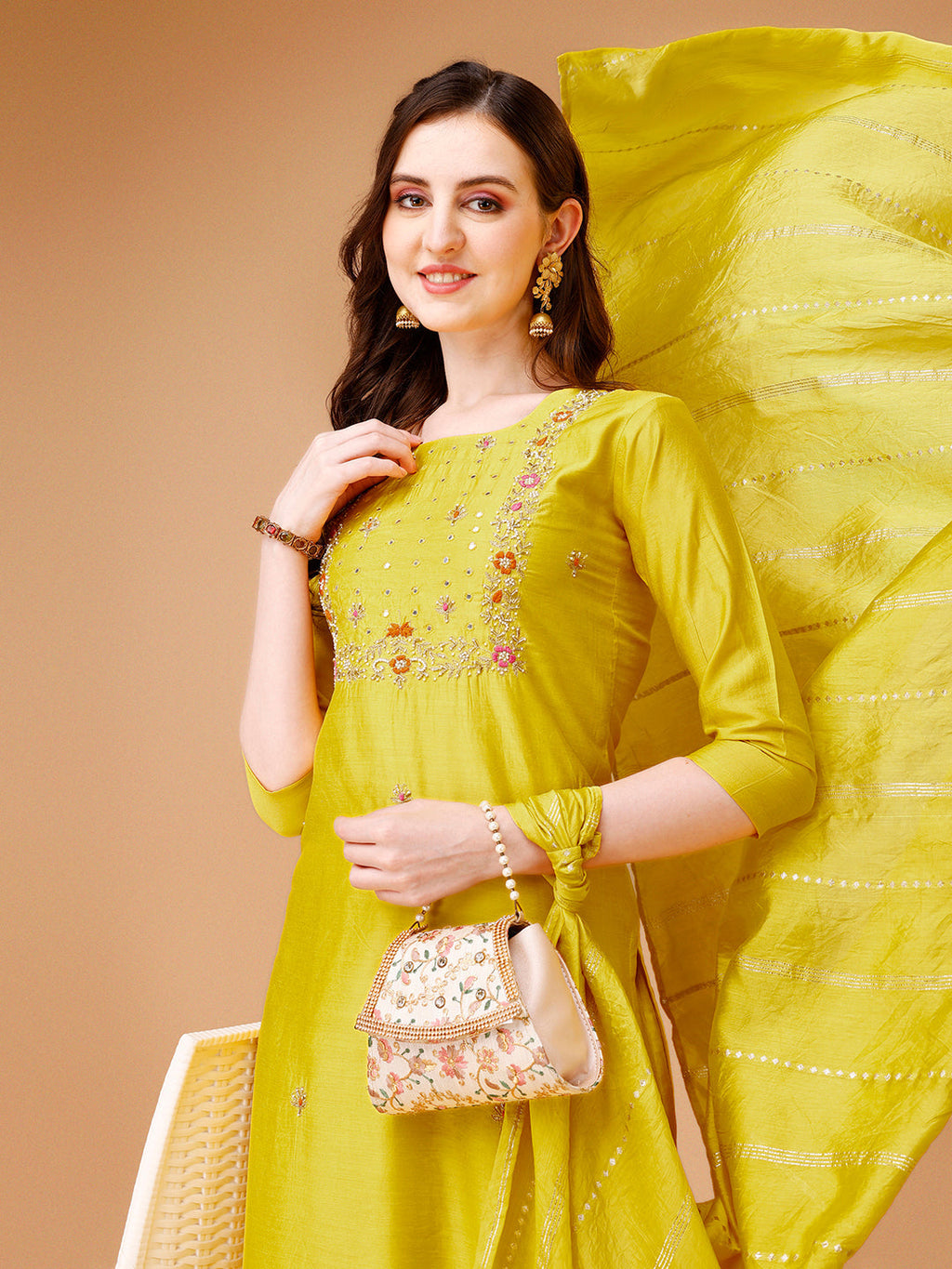 Hand Embroidered Kurta With Pant & Dupatta, Multicolor - Hiral Fashion - Distacart