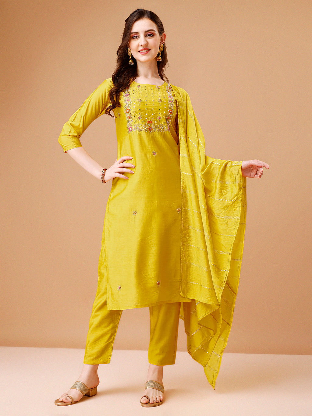 Hand Embroidered Kurta With Pant & Dupatta, Multicolor - Hiral Fashion - Distacart