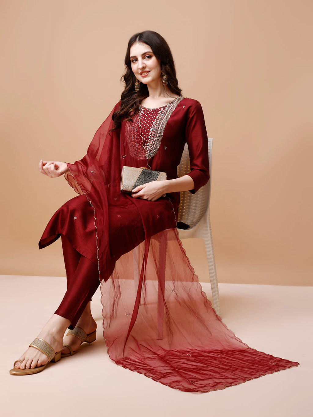 Hand Embroidered Kurta With Pant & Organza Dupatta, Multicolor - Hiral Fashion - Distacart