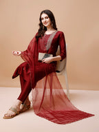 Hand Embroidered Kurta With Pant & Organza Dupatta, Multicolor - Hiral Fashion - Distacart