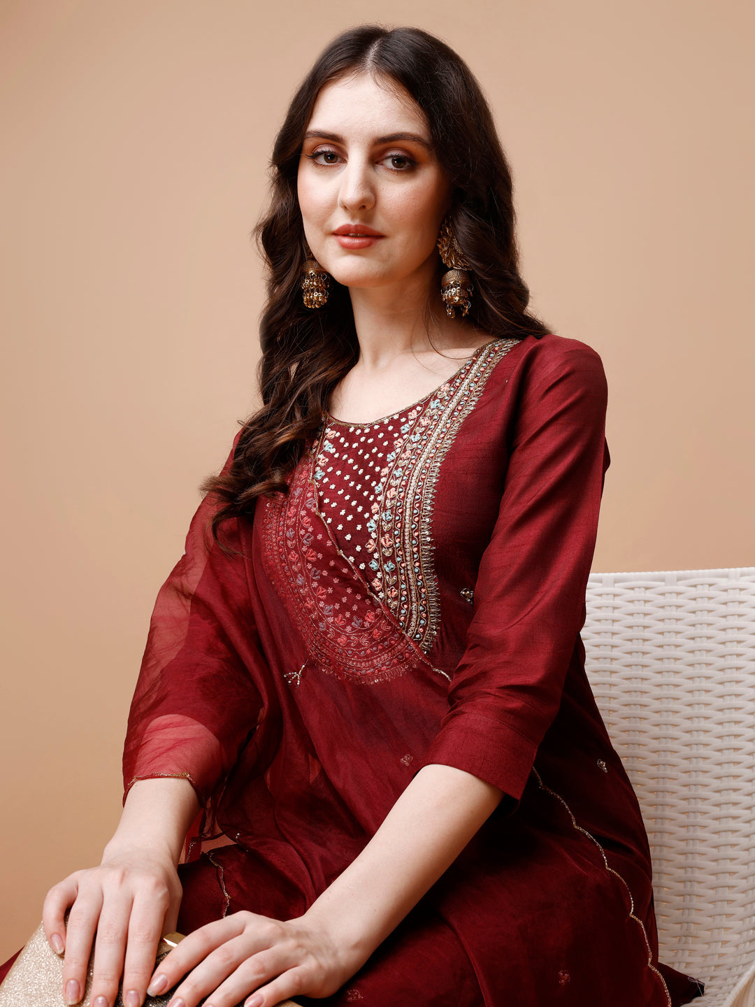 Hand Embroidered Kurta With Pant & Organza Dupatta, Multicolor - Hiral Fashion - Distacart