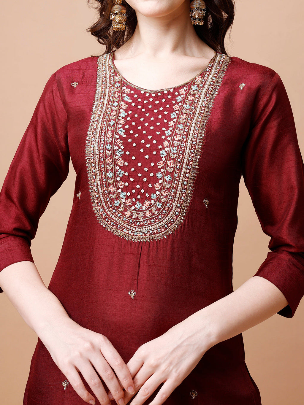 Hand Embroidered Kurta With Pant & Organza Dupatta, Multicolor - Hiral Fashion - Distacart