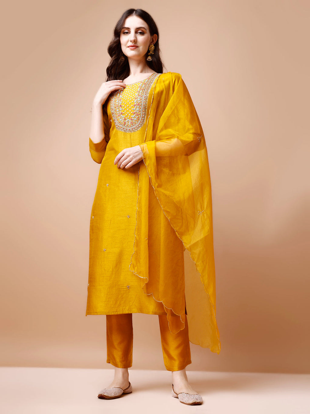 Hand Embroidered Kurta With Pant & Organza Dupatta, Multicolor - Hiral Fashion - Distacart