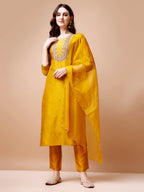 Hand Embroidered Kurta With Pant & Organza Dupatta, Multicolor - Hiral Fashion - Distacart