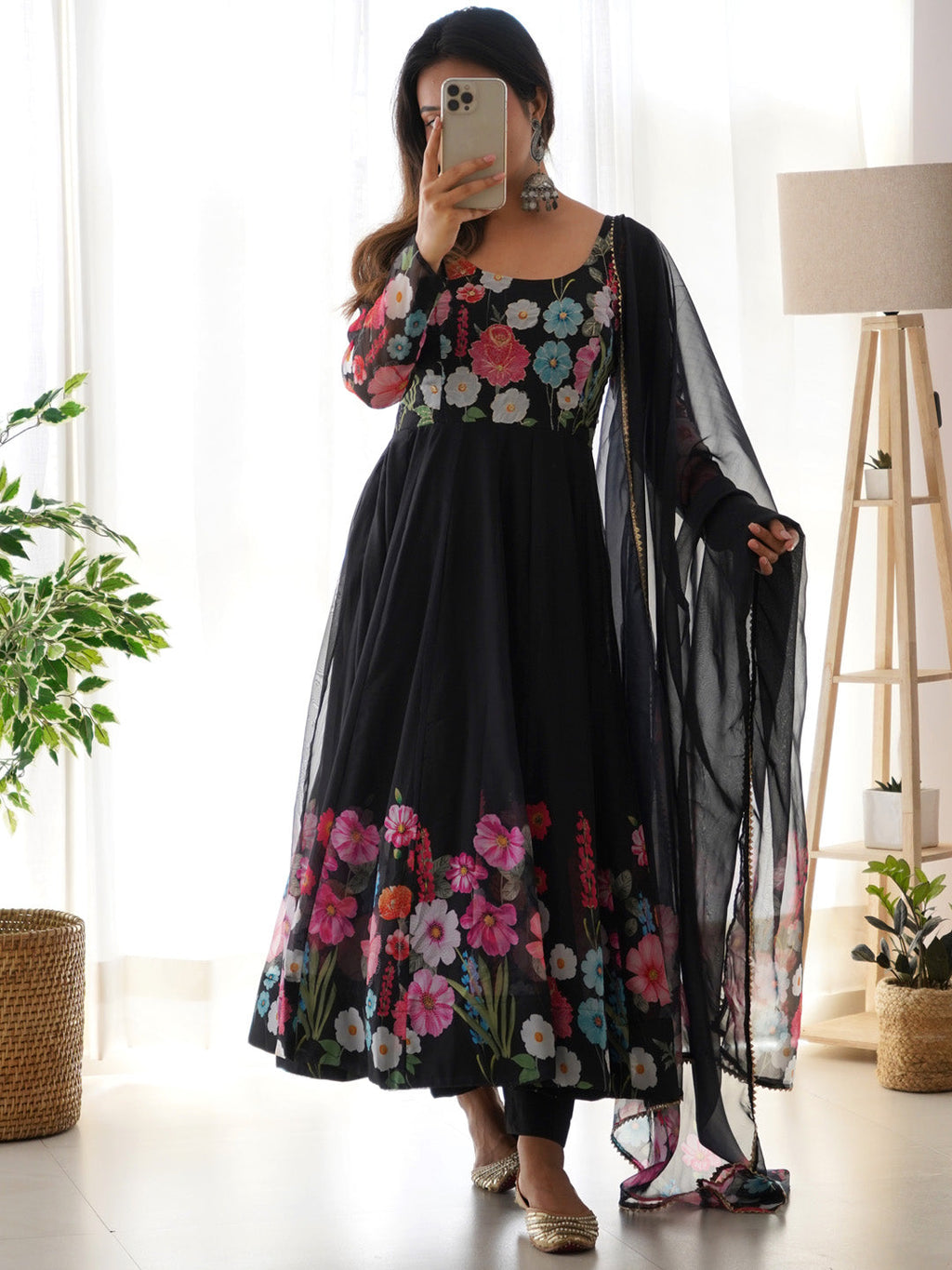 Evanik Black Soft Organza Silk With Floral Print Fully Flared Anarkali Pant With Dupatta Set