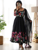 Evanik Black Soft Organza Silk With Floral Print Fully Flared Anarkali Pant With Dupatta Set