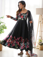 Evanik Black Soft Organza Silk With Floral Print Fully Flared Anarkali Pant With Dupatta Set